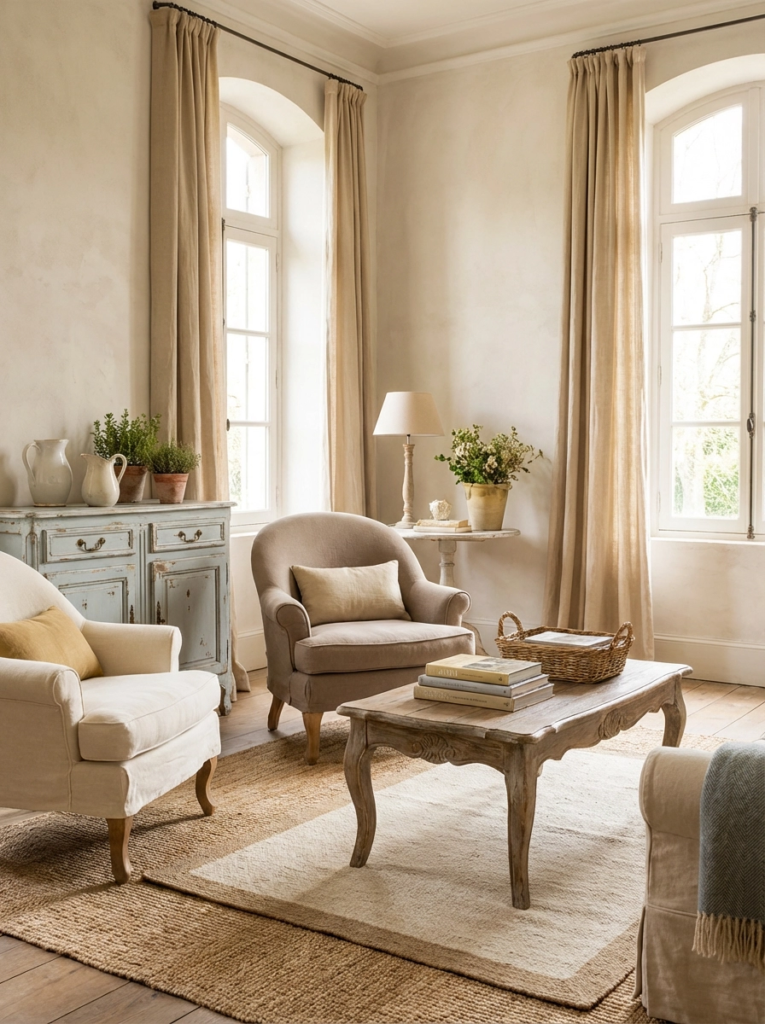 French country inspired rustic cottage interior with curved furniture and soft finishes