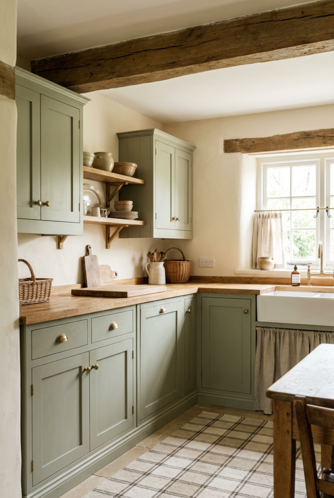 Sage green and cream cottage kitchen with warm wood accents and natural light