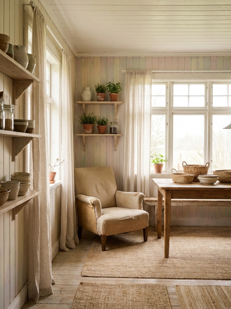 Light-filled rustic cottage interior with painted wood, neutral tones, and natural textures