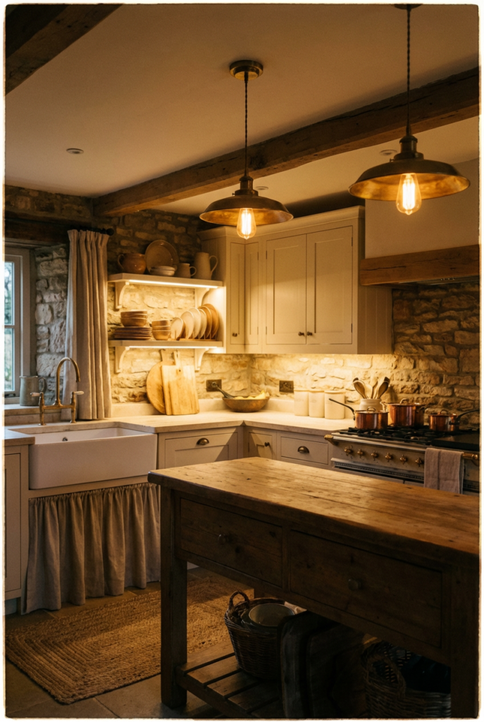 Warmly lit rustic cottage kitchen with traditional pendant lighting and soft ambiance