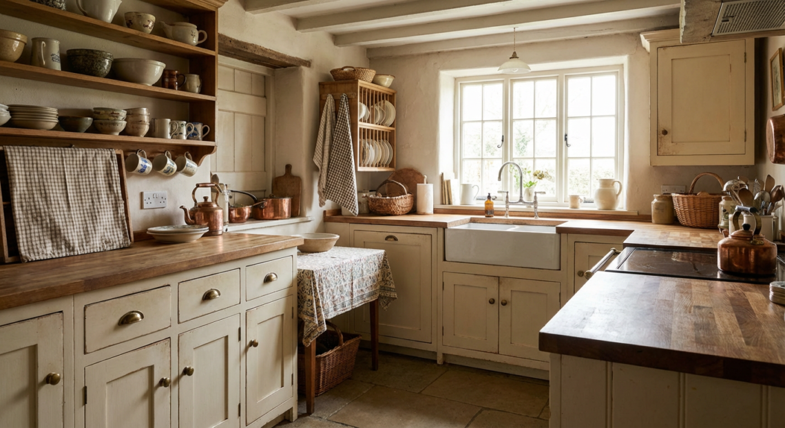 Rustic cottage kitchen with soft neutral cabinets, wooden countertops, and cozy country details