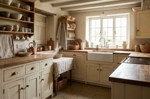 Rustic cottage kitchen with soft neutral cabinets, wooden countertops, and cozy country details