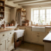 Rustic cottage kitchen with soft neutral cabinets, wooden countertops, and cozy country details