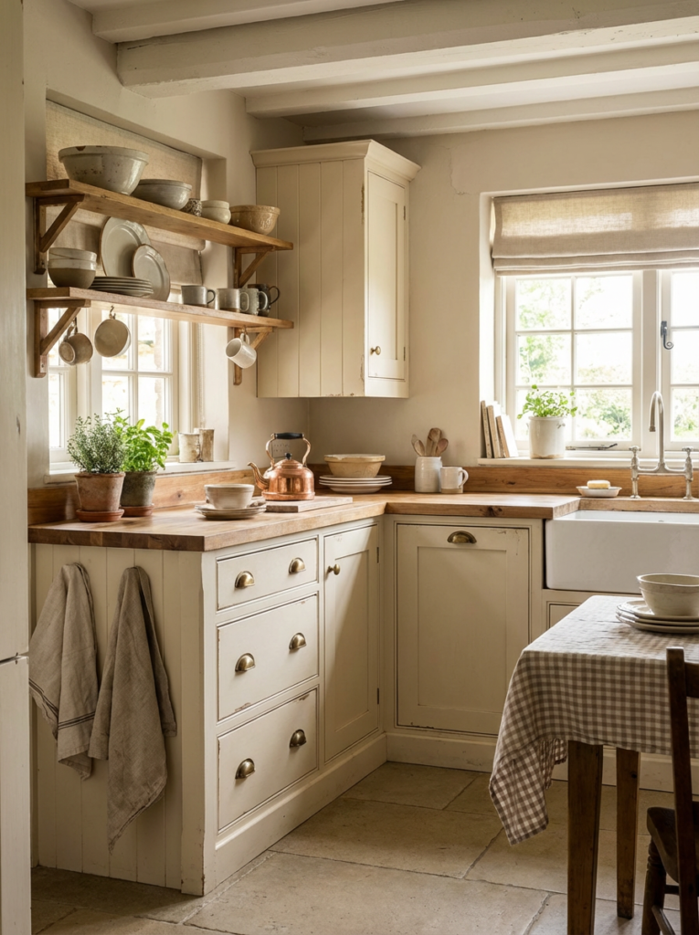 Rustic cottage kitchen with soft neutral cabinets, wooden countertops, and cozy country details