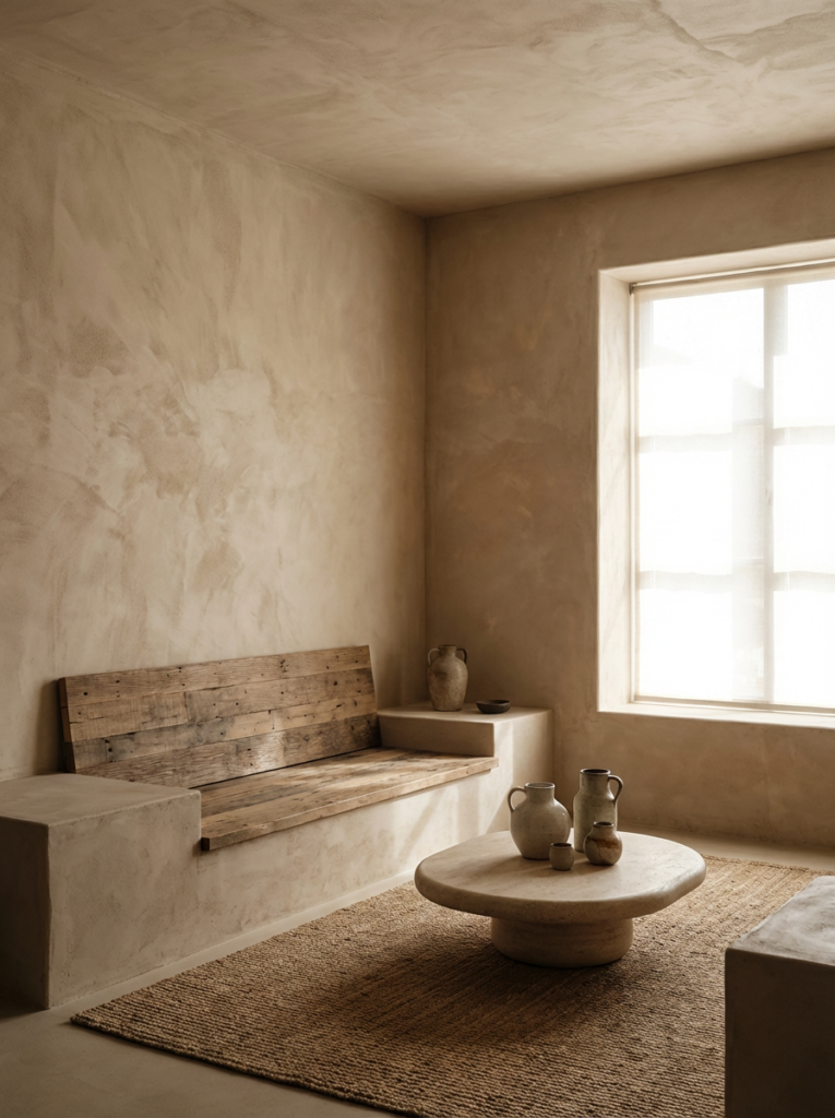 Textured plaster walls shaping a calm rustic modern interior with minimal styling