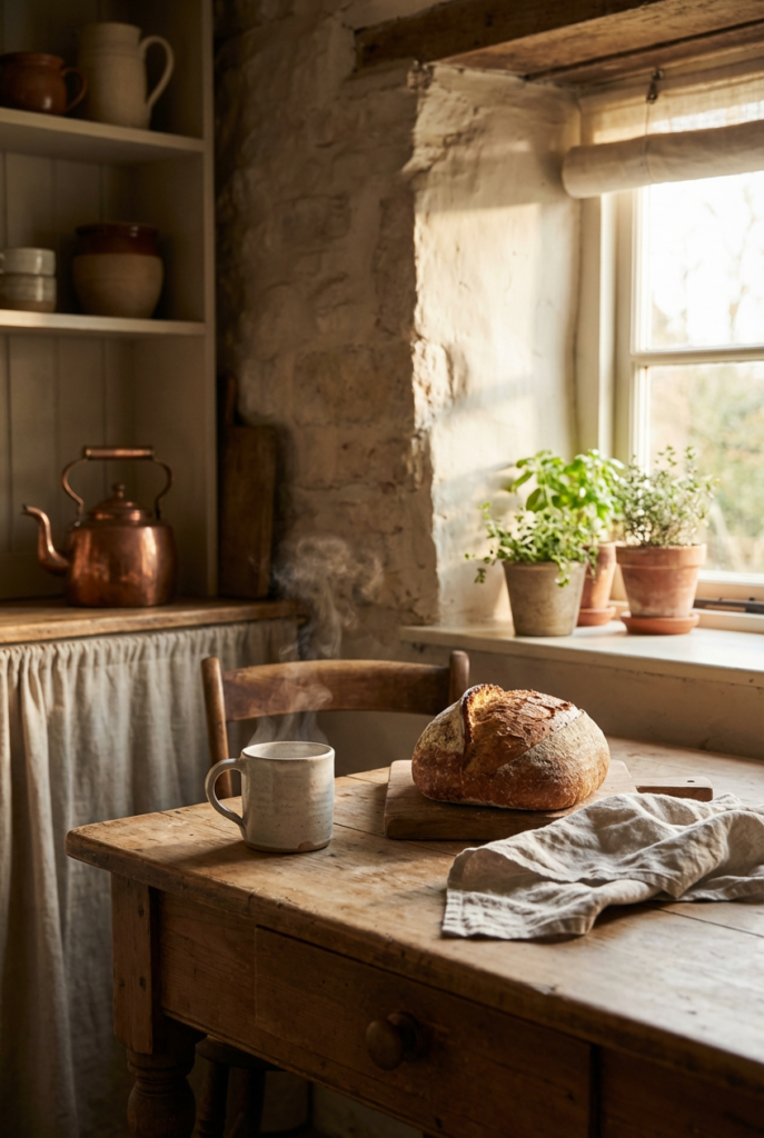 Sunlit rustic cottage kitchen with natural textures and a calm country living atmosphere