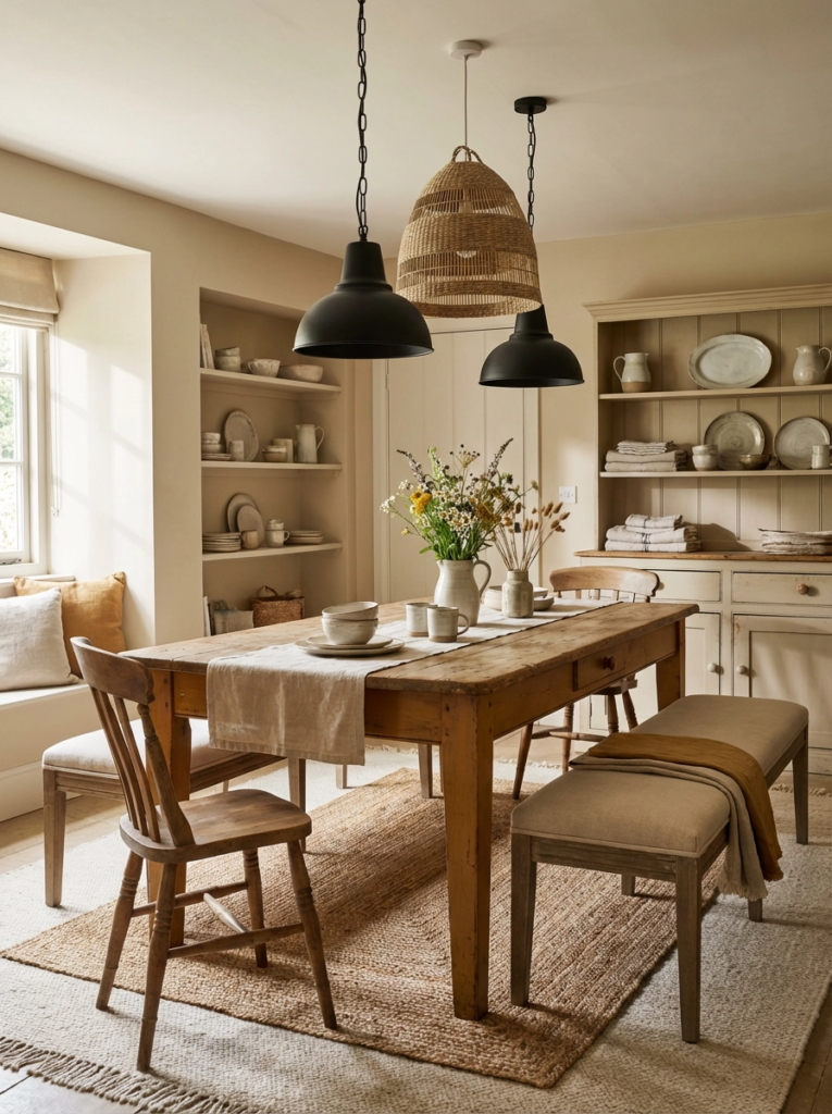 Rustic cottage dining room with farmhouse table, mixed seating, and warm lighting