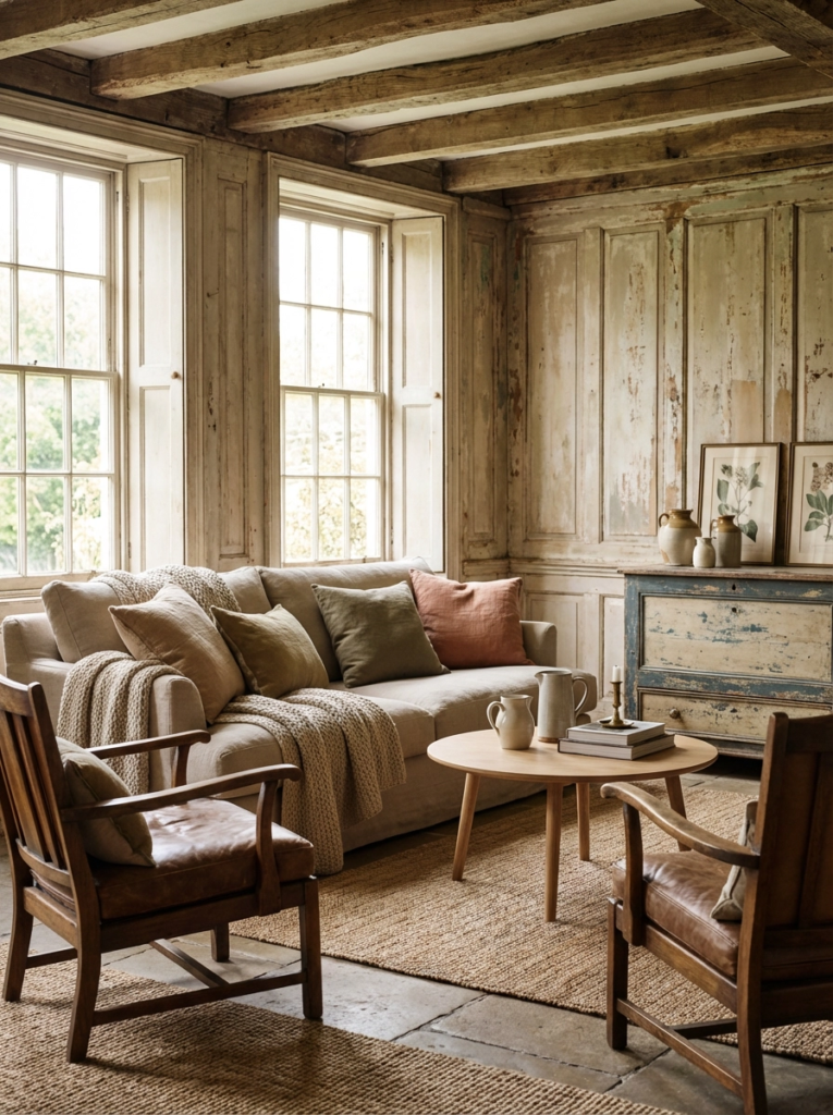 Rustic cottage interior blending vintage furniture with modern comfort and soft textures