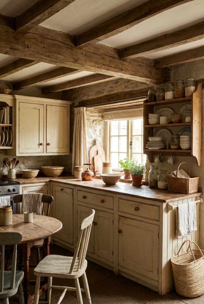 Traditional rustic cottage kitchen with natural wood elements and simple country styling