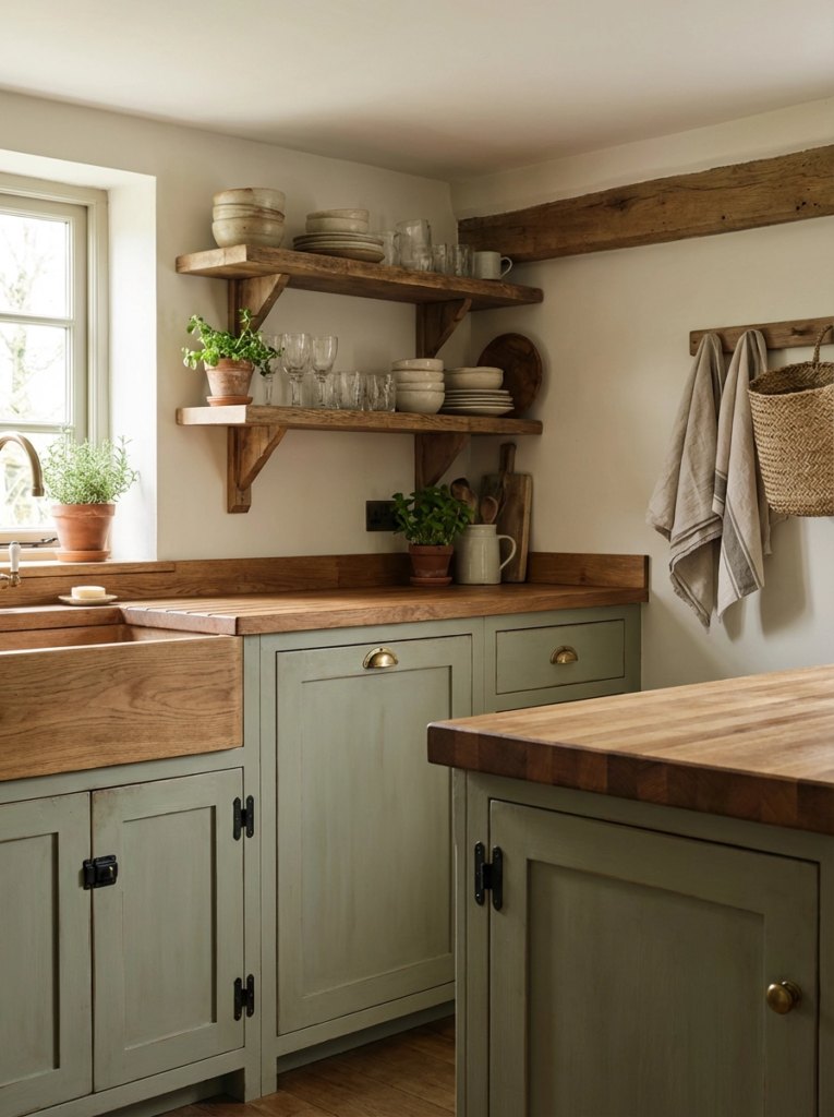 Sage green rustic cottage kitchen with open shelving and warm wood accents
