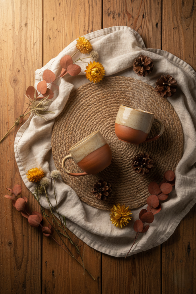 A simply styled rustic sanctuary corner with a vintage wooden chair, a potted fern, and an artisan ceramic mug.