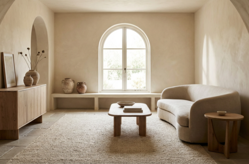 Limewash walls and textured plaster in a rustic modern interior with warm neutral tones and soft natural light