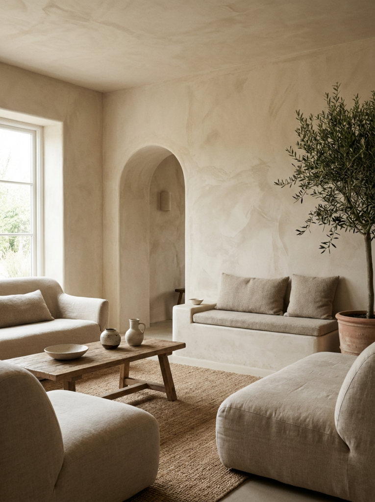 Limewash walls and textured plaster in a rustic modern interior with warm neutral tones and soft natural light