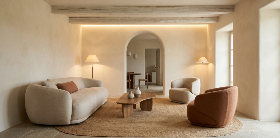 Organic curves in a rustic modern living interior with arched doorway, sculptural furniture, and soft plaster textures