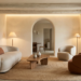 Organic curves in a rustic modern living interior with arched doorway, sculptural furniture, and soft plaster textures