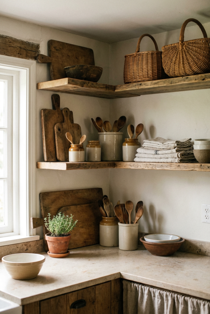 Cozy cottage kitchen decor with open shelving, ceramic dishes, and vintage accents