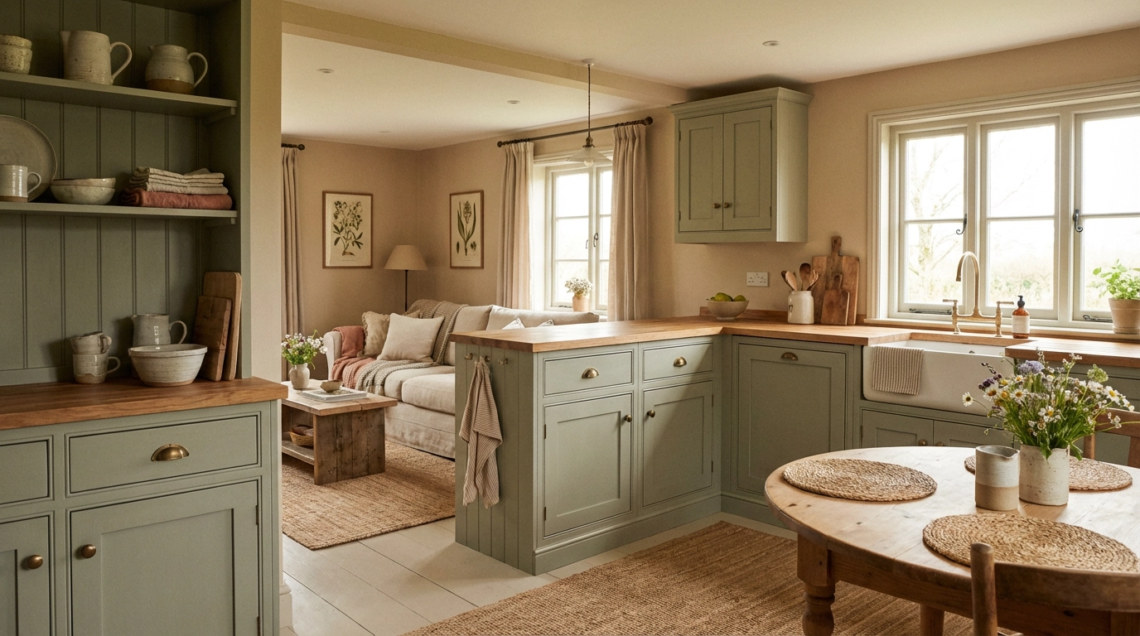 Rustic cottage interior with sage green kitchen, soft textiles, and warm natural light