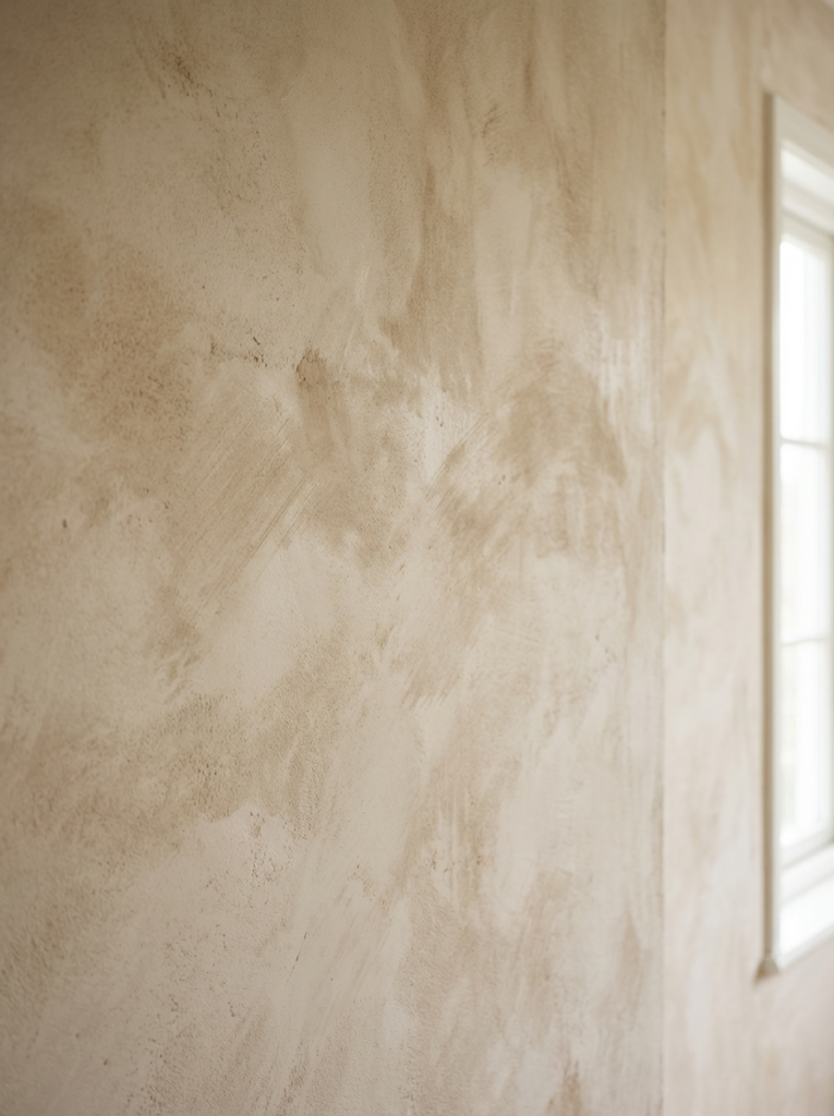 Close-up of limewash wall texture with natural tonal variation and matte finish