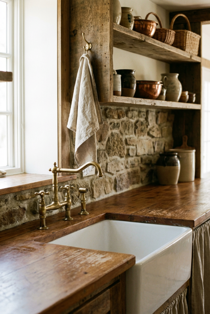 Rustic cottage kitchen featuring wooden countertops, ceramic sink, and stone textures