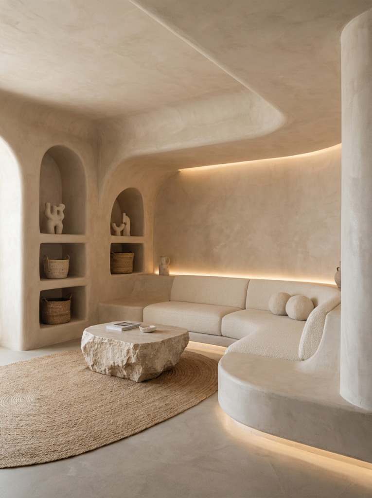 Future rustic modern interior with full plaster walls and seamless architectural transitions