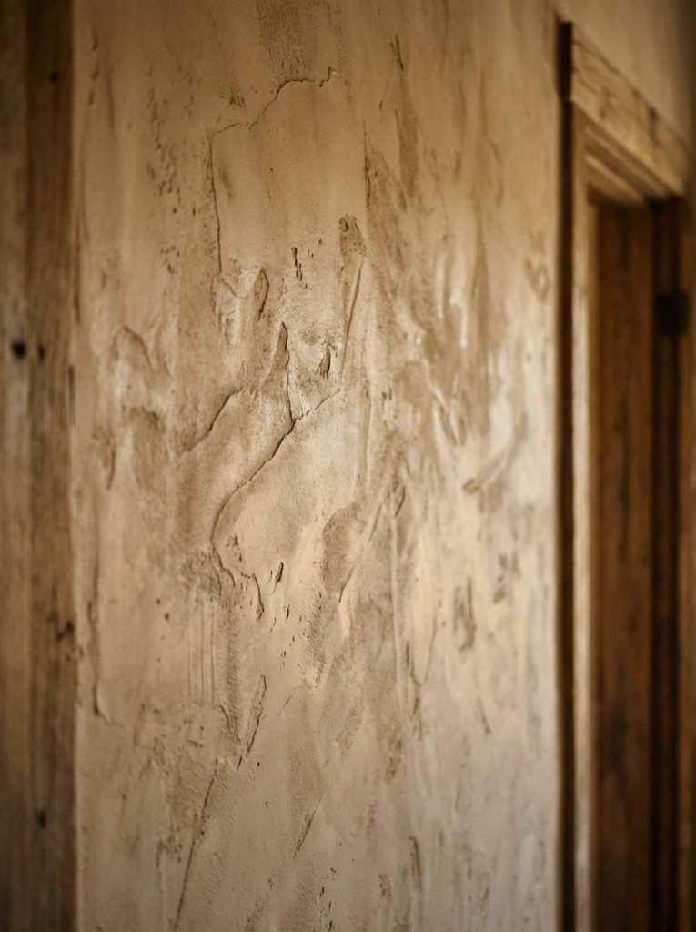 Hand-troweled textured plaster creates an old-world rustic wall finish with natural movement and warmth.
