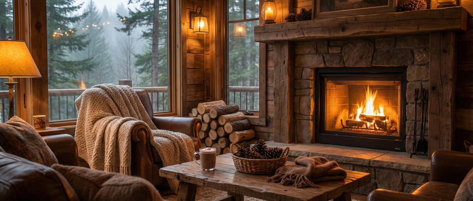 Living room with cozy rustic living decor, warm fireplace, and linen sofa