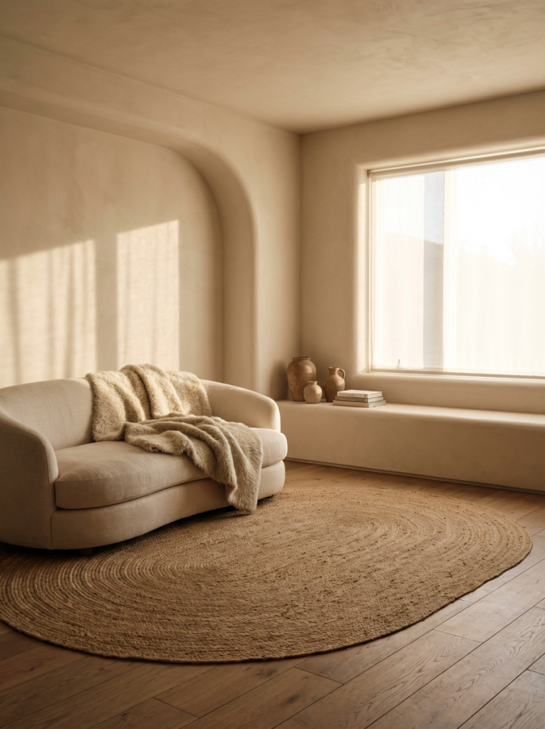 Calm rustic modern interior with organic curves creating a peaceful and welcoming atmosphere