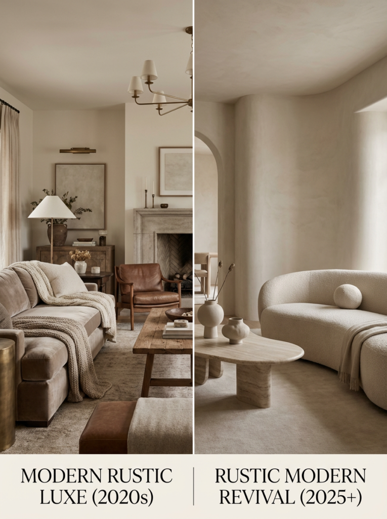 Comparison of modern rustic luxe and rustic modern revival interiors highlighting textures versus organic curves