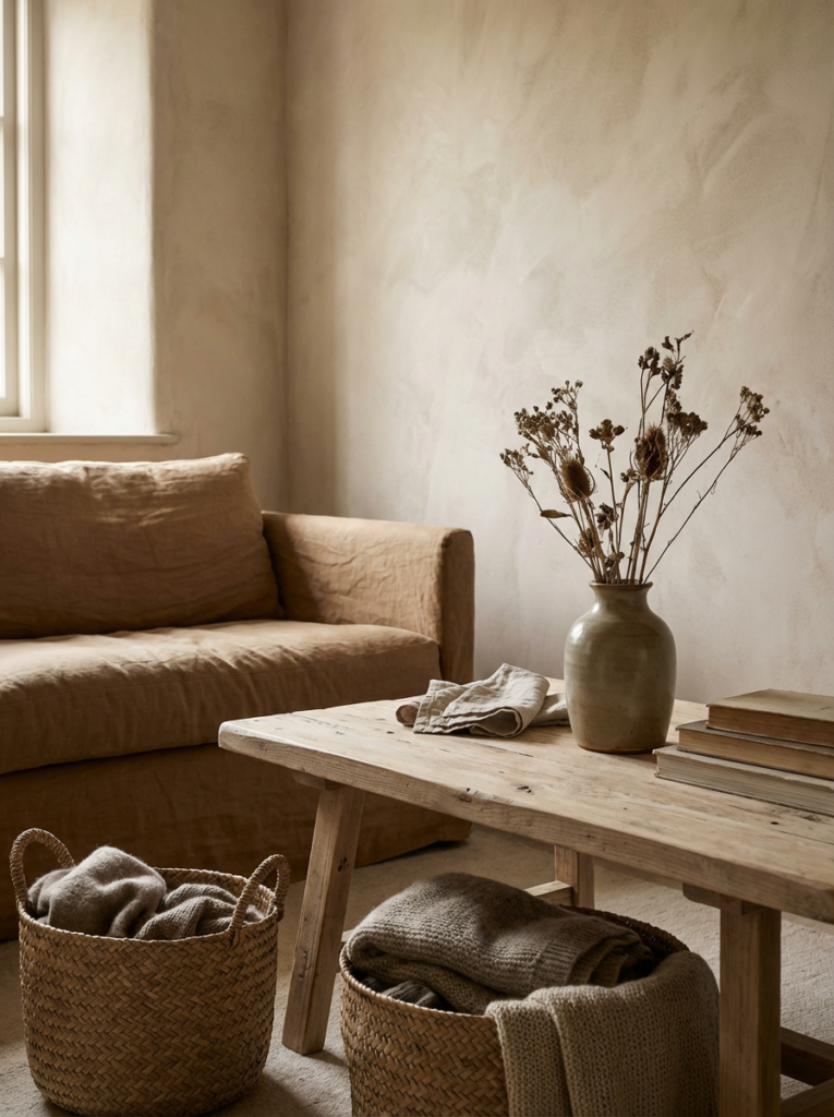 Cozy rustic cottage interior styled with neutral textiles, wool throw blanket, ceramic pottery, and a calm lived-in feel