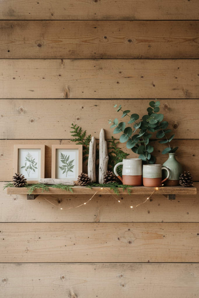 Close-up detail of textured plaster walls paired with a reclaimed wood shelf and rough stone elements, showcasing natural materials in rustic design.