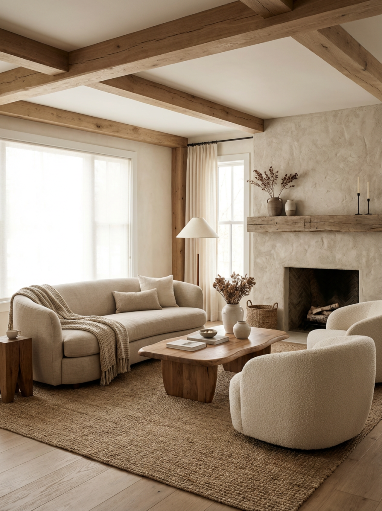 Rounded sculptural furniture in a rustic modern living room with warm neutral tones and natural materials
