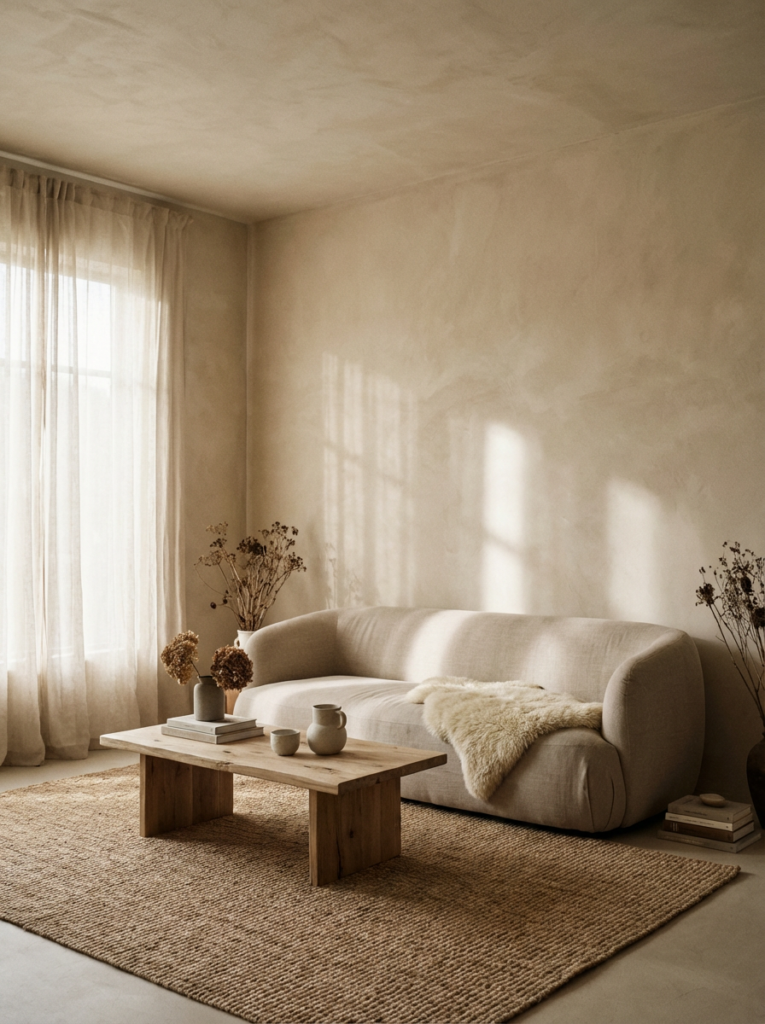 Softly textured walls creating a calm and welcoming rustic modern living space