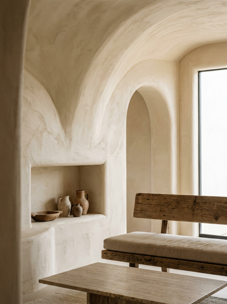 Sculpted textured plaster wall used as an architectural feature in a rustic modern interior