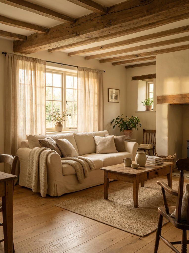 Soft rustic cottage living room with linen sofa, exposed wooden beams, stone fireplace, and warm natural light creating a cozy country atmosphere