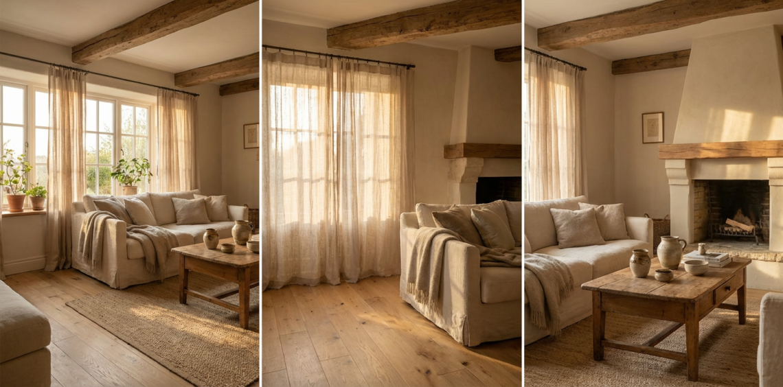 Soft rustic cottage living room with linen sofa, exposed wooden beams, stone fireplace, and warm natural light creating a cozy country atmosphere