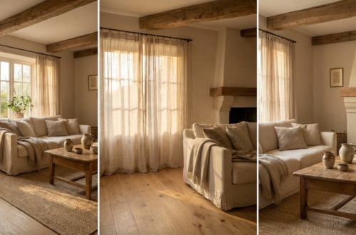 Soft rustic cottage living room with linen sofa, exposed wooden beams, stone fireplace, and warm natural light creating a cozy country atmosphere