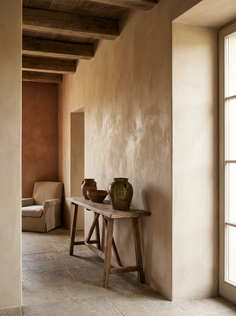 Venetian-style plaster can feel rustic and warm when finished with restraint and natural tones.