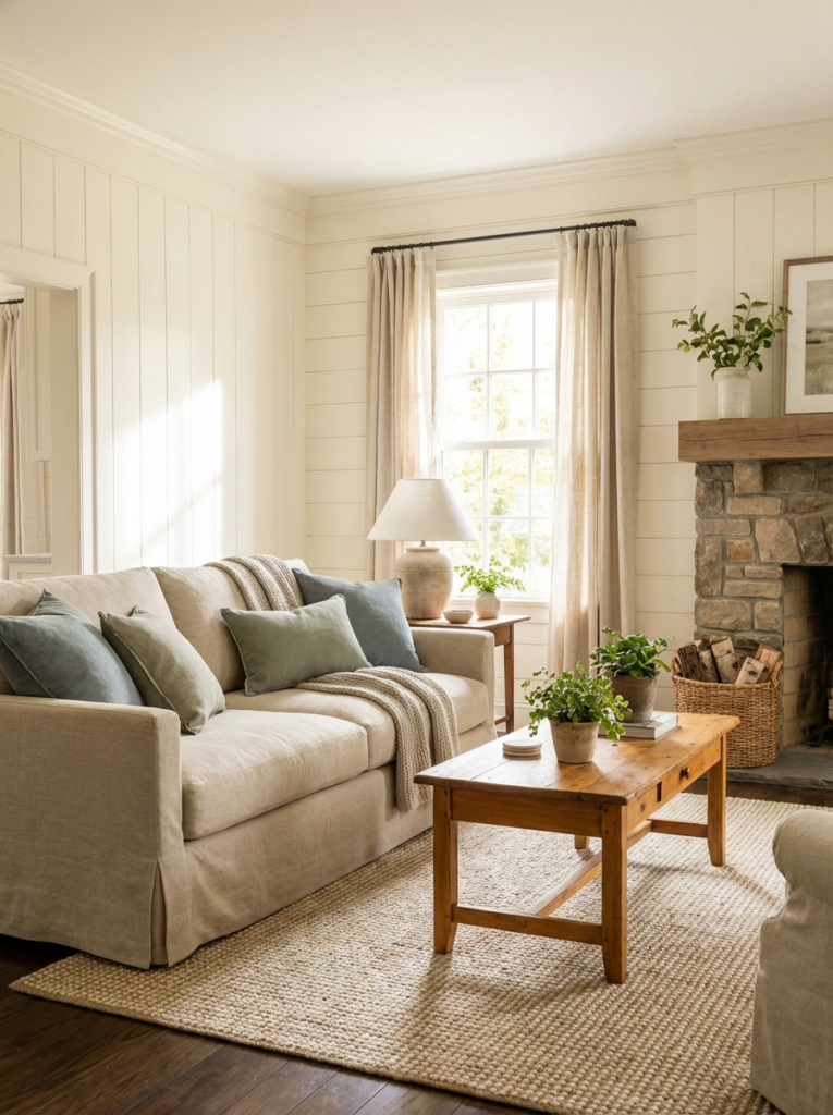 Rustic cottage living space featuring natural wood textures, linen upholstery, vintage wooden coffee table, and soft afternoon light