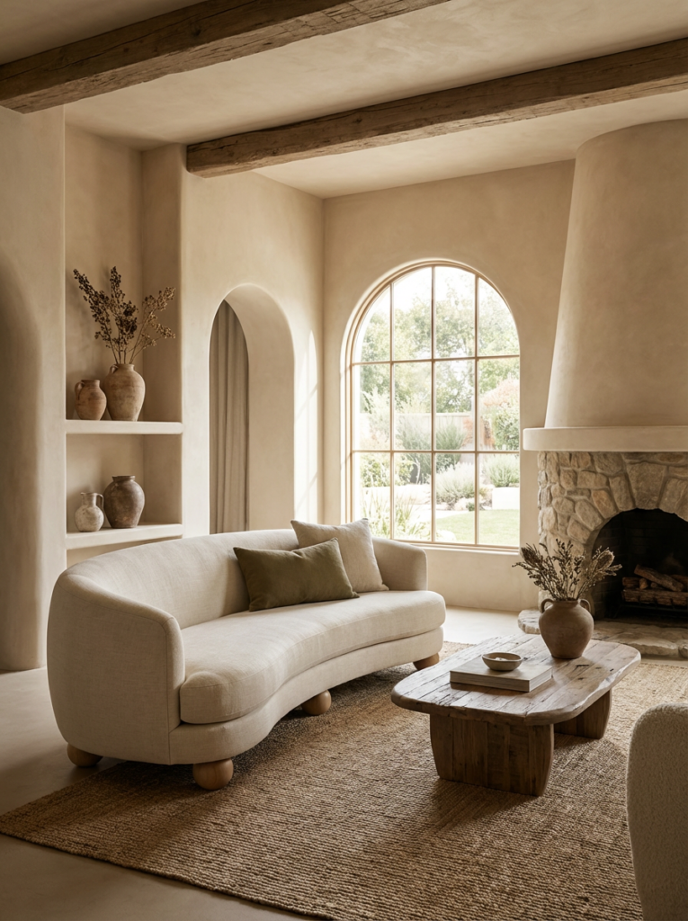 Nature-inspired rustic modern interior featuring flowing curved architecture and natural materials