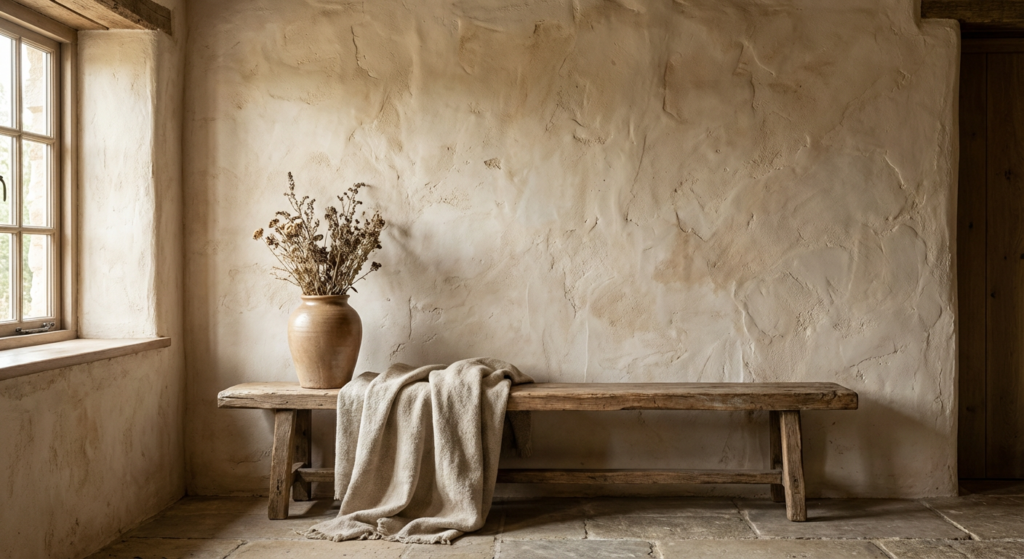 Textured plaster techniques for walls in a rustic cabin interior, showing natural depth, warmth, and handcrafted character.