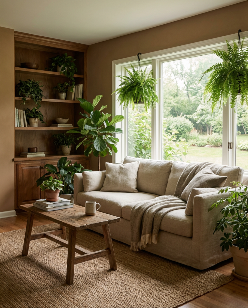A biophilic rustic interior with indoor plants, natural light, and organic textures designed for calm and wellbeing.