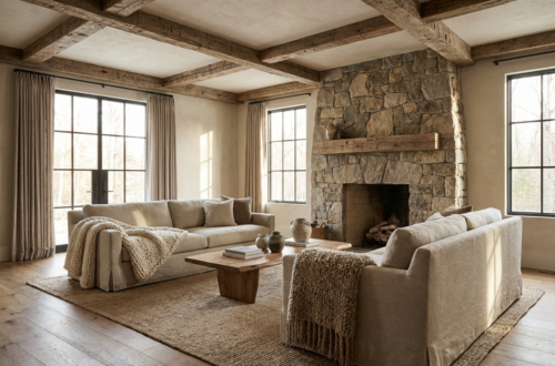 A warm modern rustic living room with natural wood, soft textiles, and calm neutral tones that reflect elevated cozy living.