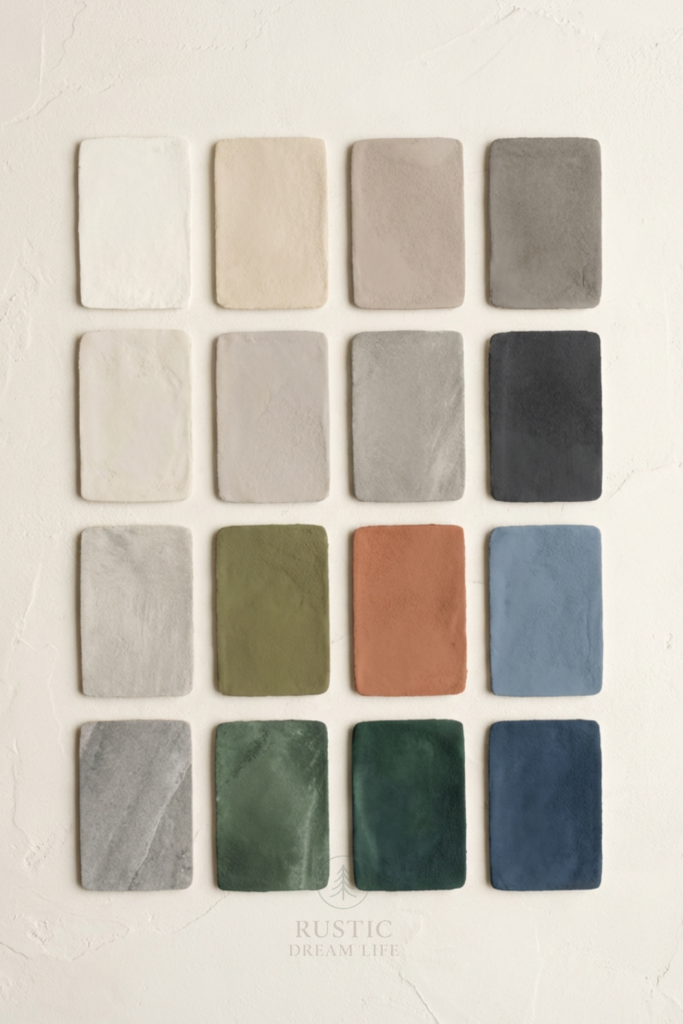 A modern rustic luxe color palette featuring earthy neutrals and nature-inspired accent tones designed for warm, timeless interiors.