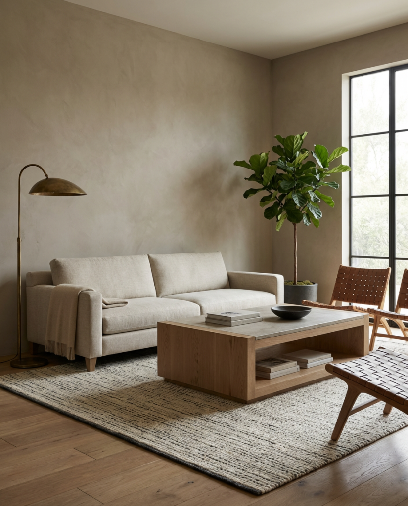 A refined modern rustic interior featuring natural materials, layered textures, and a quiet luxury aesthetic.