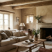 A warm rustic cabin living space showcasing textured plaster walls that add depth, softness, and natural character to the interior.