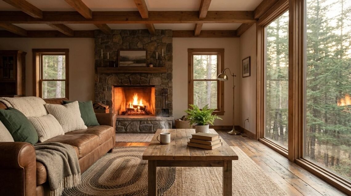 Rustic cabin living room ideas with a stone fireplace, wool rugs, and cozy seating