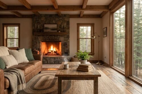 Rustic cabin living room ideas with a stone fireplace, wool rugs, and cozy seating