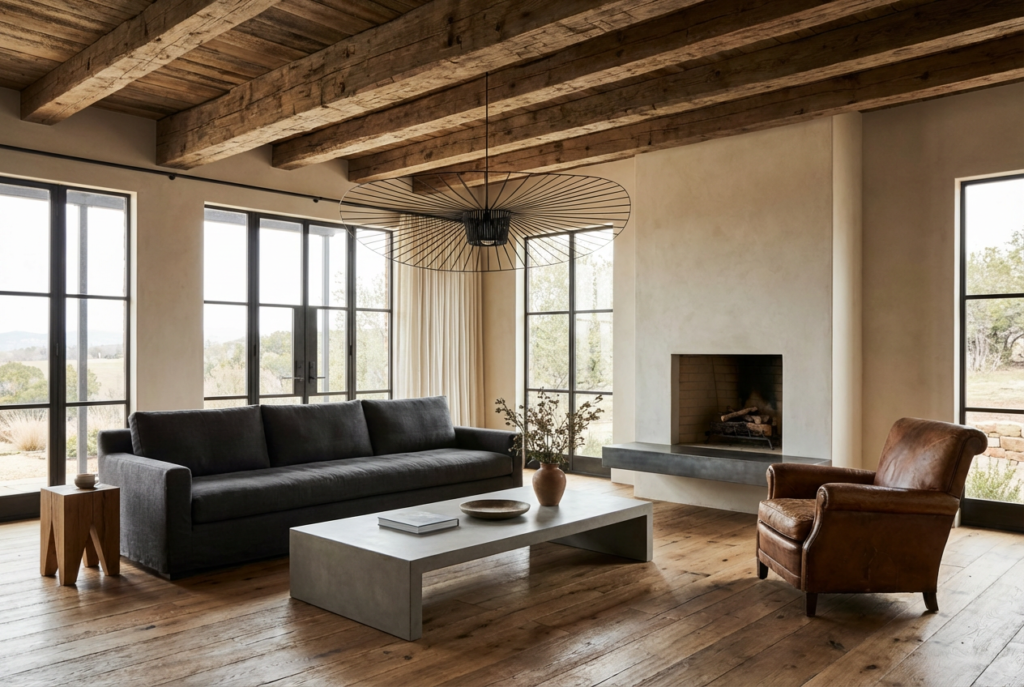 A rustic modern revival interior blending vintage character with modern functionality and warm earthy materials.