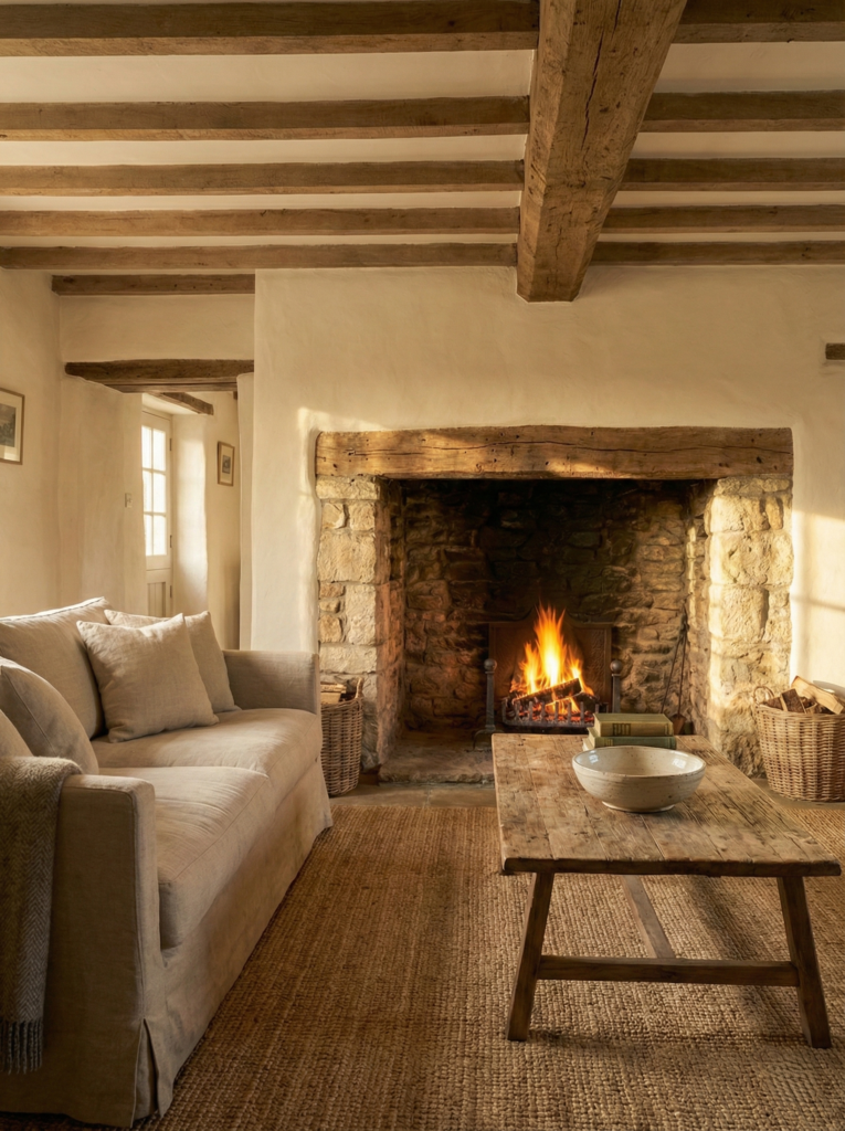 Cozy country living room featuring a stone fireplace, oatmeal linen sofa, and reclaimed wood coffee table bathed in natural light.