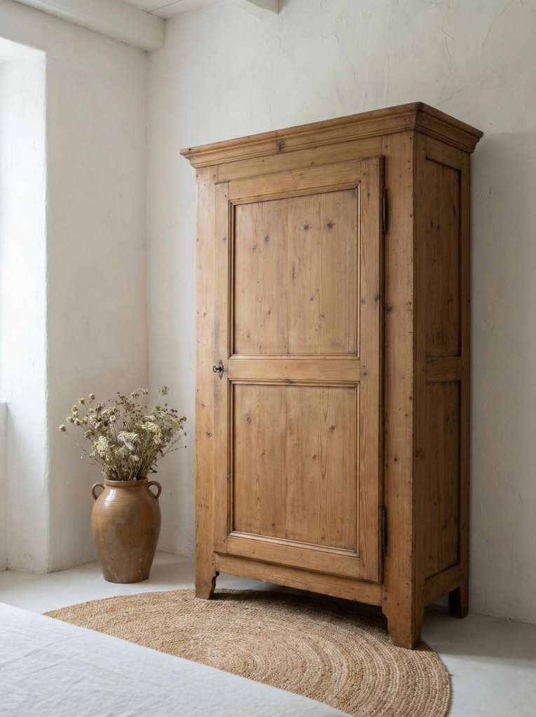 Antique pine armoire providing rustic storage in a cottage bedroom